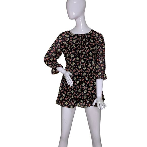 Free People Dresses & Skirts - Free People Chiffon Baby Doll Dress Floral 3/4 Sleeve Size 0 Black and R…